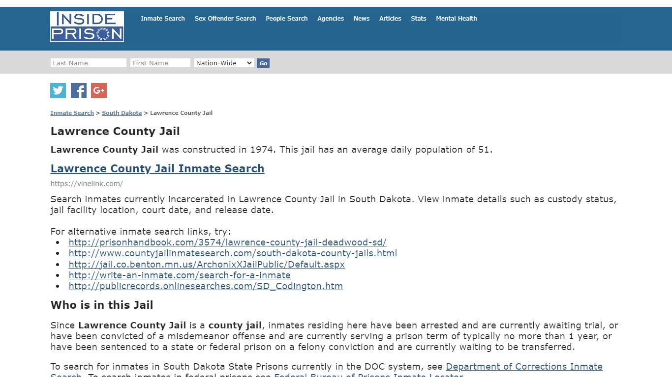 Lawrence County Jail - South Dakota - Inmate Search - Inside Prison